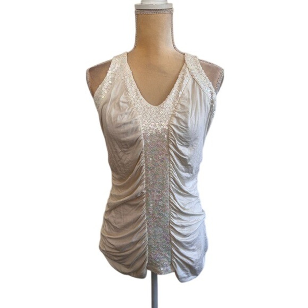 Worthington Cream Ruched Sequin Trim Tank Top V-Neck Sleeveless Blouse Large